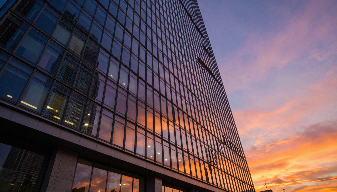 Dramatic low-angle view looking up at modern glass skyscraper at dusk Dramatic low-angle view looking up at modern glass skyscraper at dusk