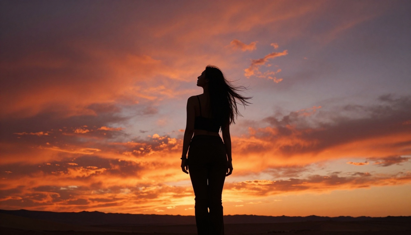 Dramatic desert silhouette of woman against fiery sunset sky, wide landscape