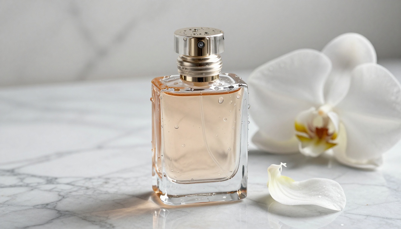 Luxury perfume bottle product photography on marble surface with orchid petal Luxury perfume bottle product photography on marble surface with orchid petal