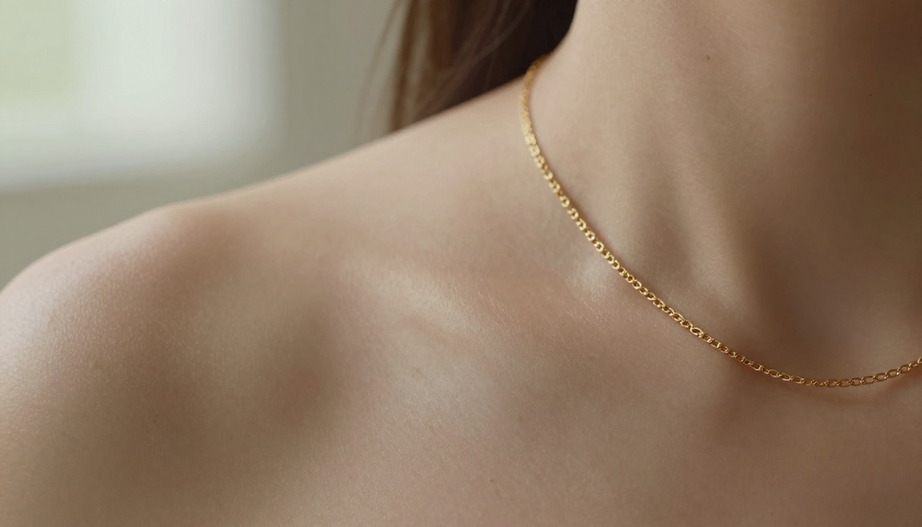 Close-up of gold chain necklace against naturally tanned skin, macro detail, pore texture