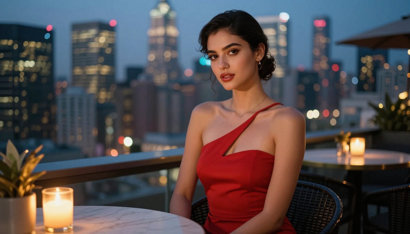 Attractive woman in red cocktail dress at rooftop bar with city lights Attractive woman in red cocktail dress at rooftop bar with city lights