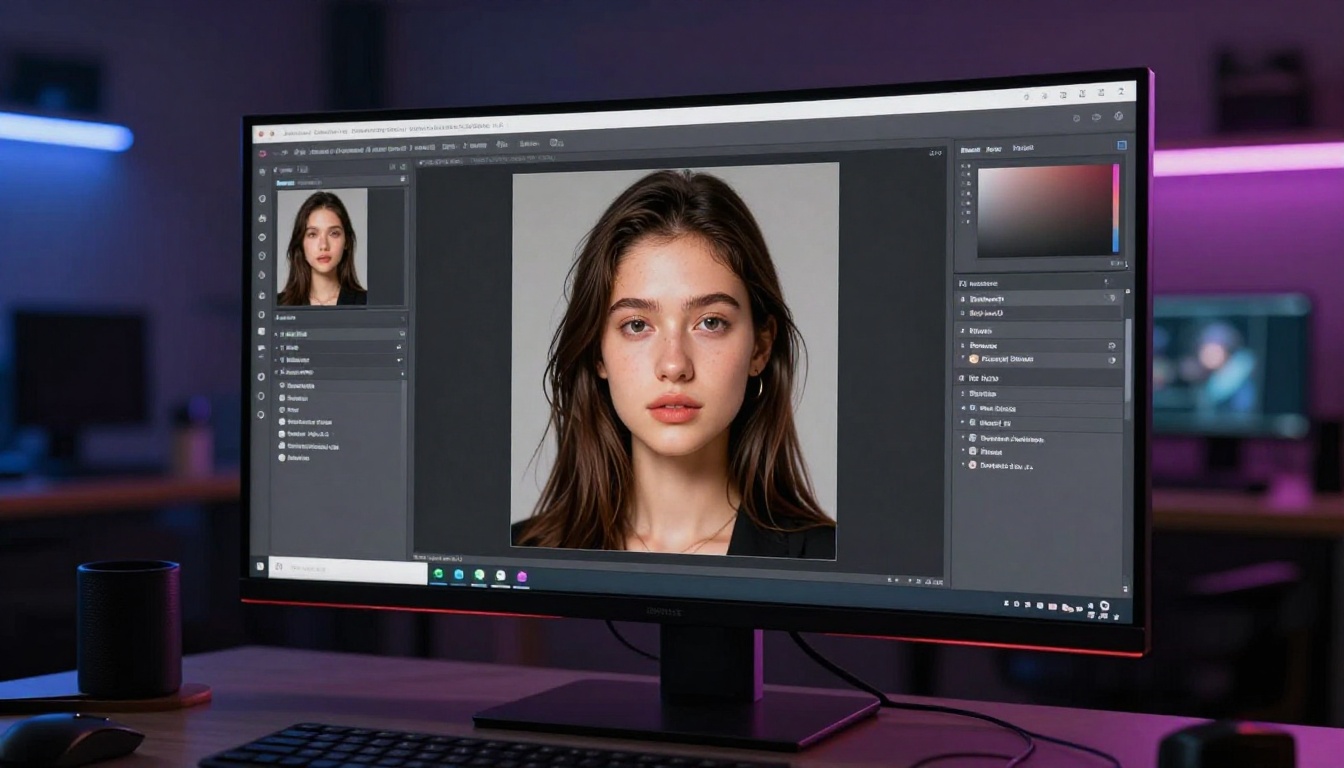 AI image generation interface on large monitor in dark studio, ambient monitor glow
