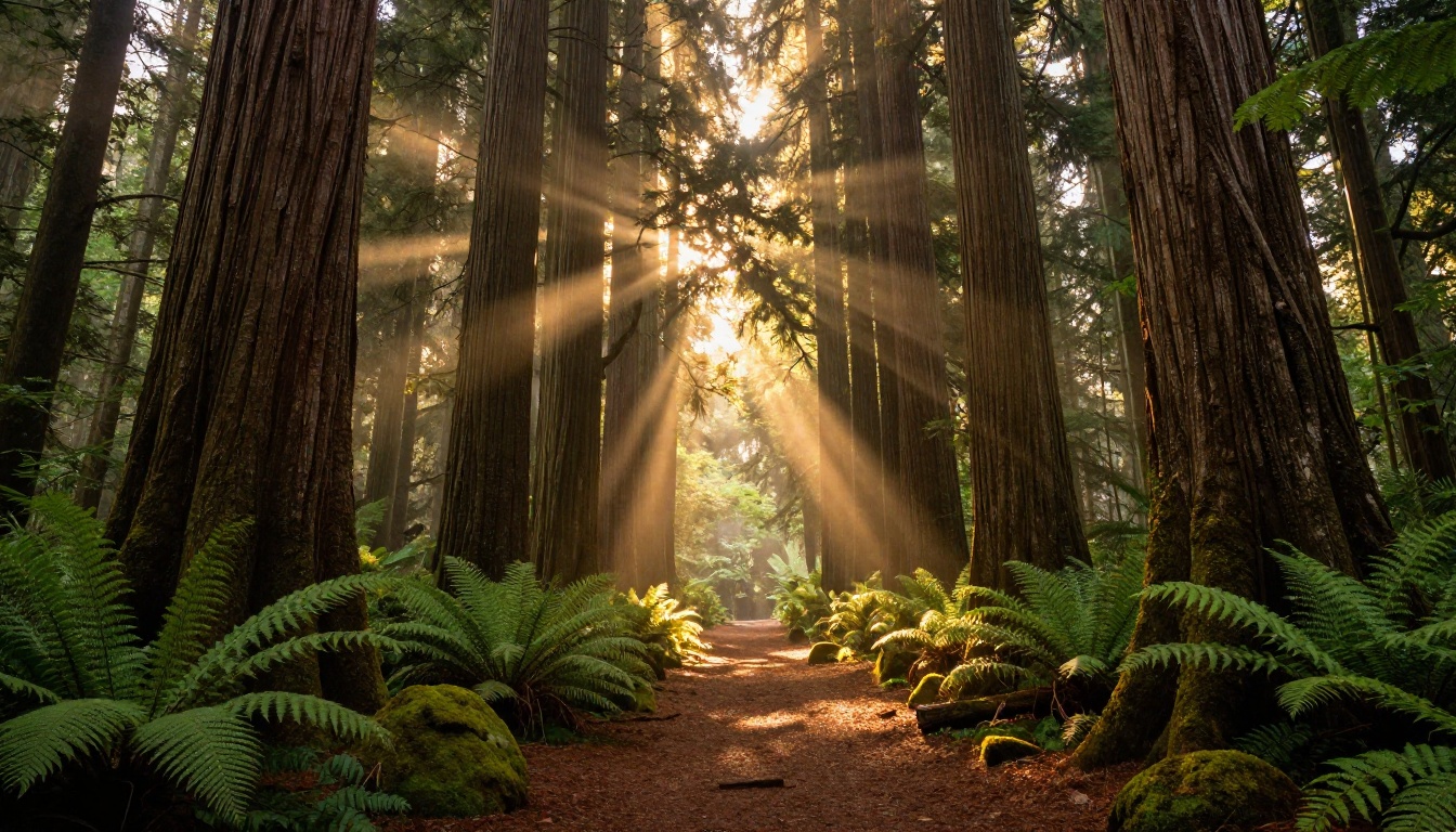 Ancient forest at golden magic hour with crepuscular light rays through canopy Ancient forest at golden magic hour with crepuscular light rays through canopy