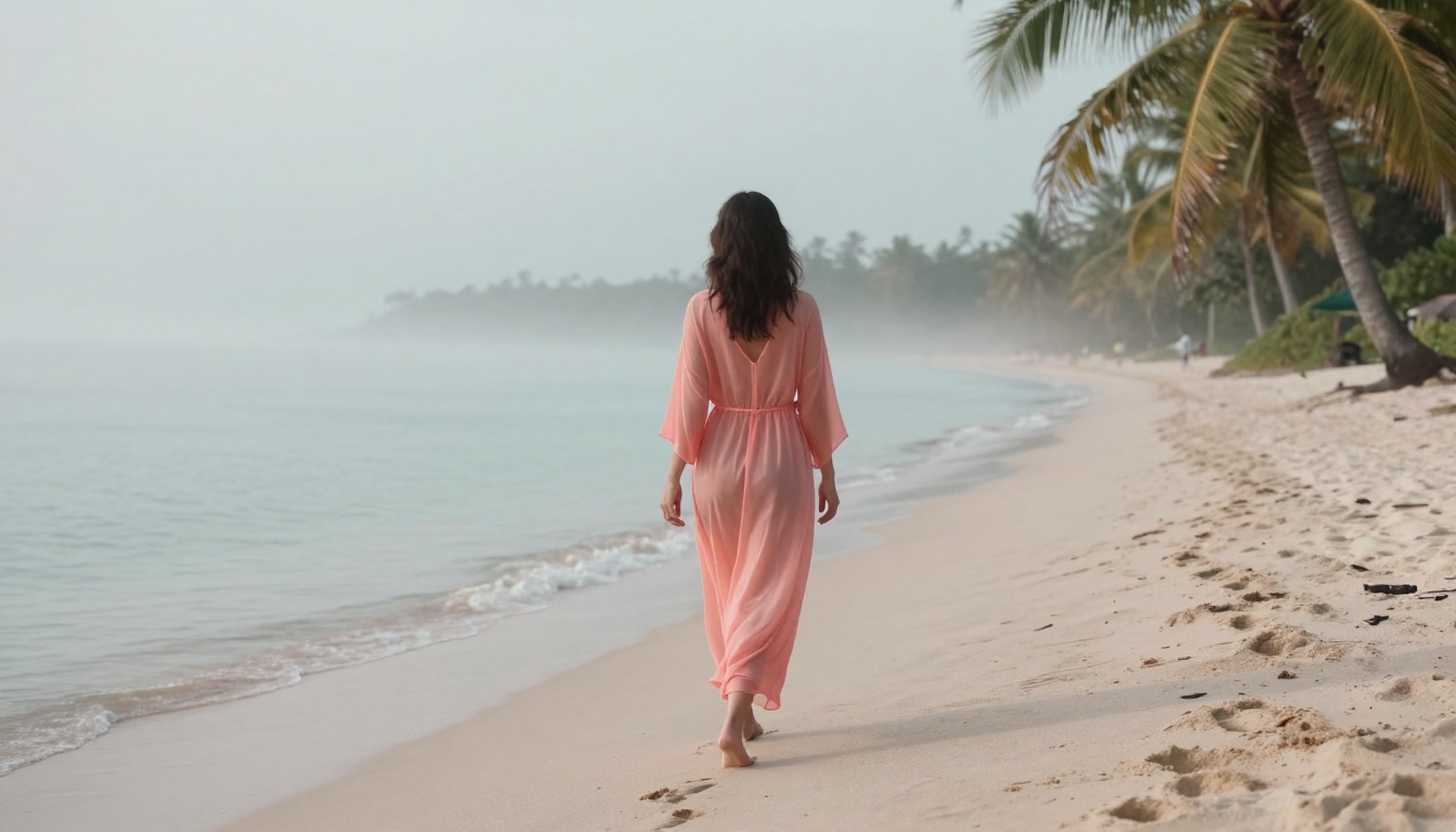 Woman walking on tropical beach at dawn, coral cover-up, cinematic rear view
