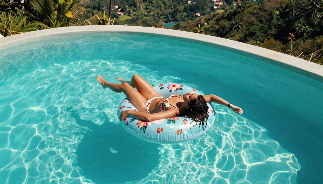 Beautiful woman in floral bikini floating in azure infinity pool aerial view Beautiful woman in floral bikini floating in azure infinity pool aerial view