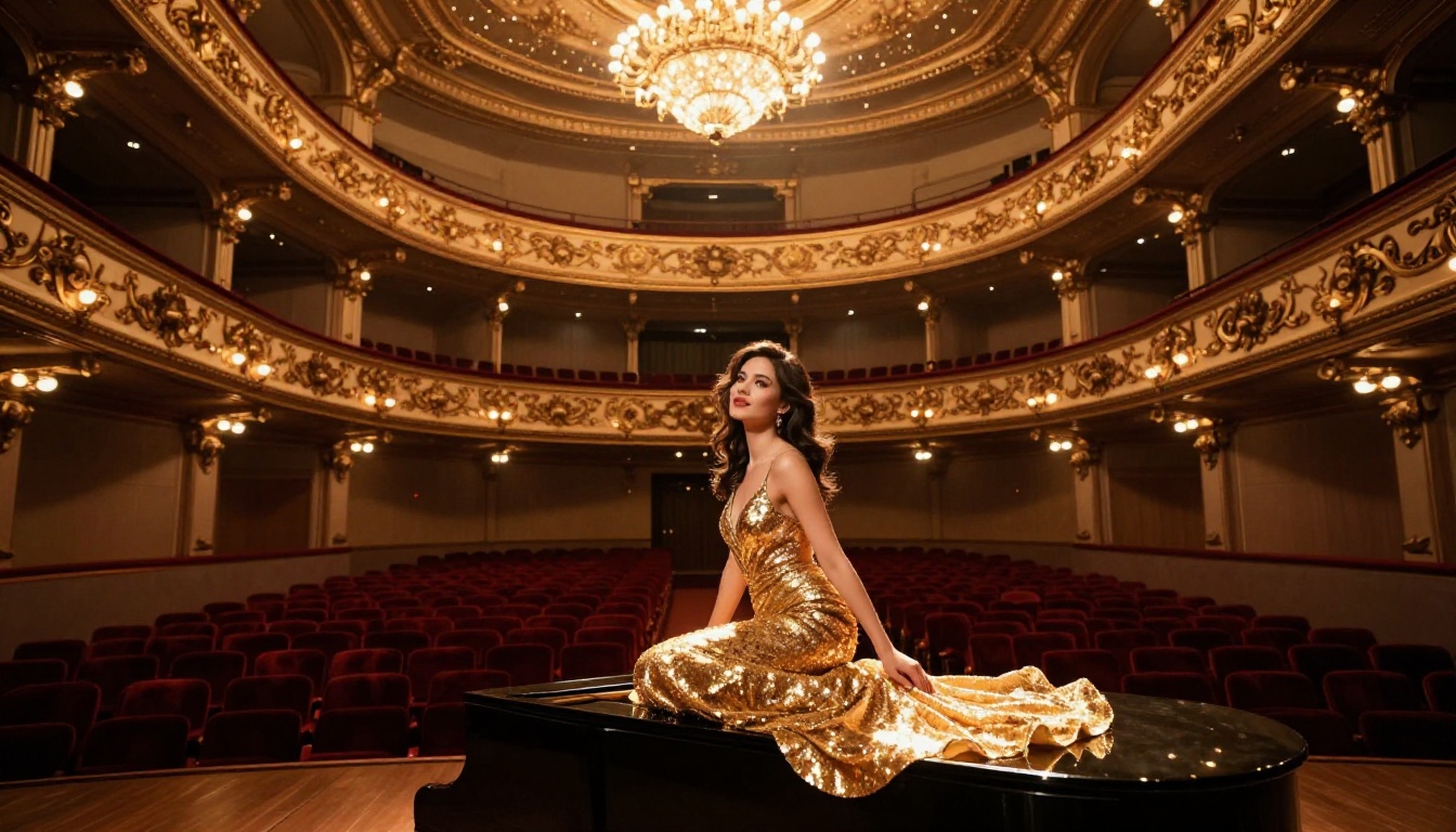 Woman in gold sequined gown on grand piano in ornate baroque theater, warm stage lighting