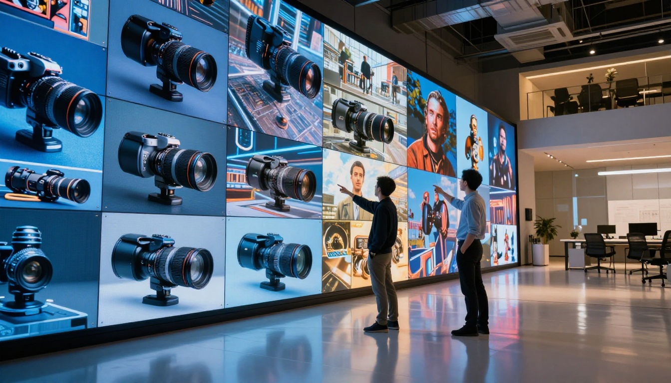 Two creative directors reviewing AI artworks on massive LED display wall Two creative directors reviewing AI artworks on massive LED display wall