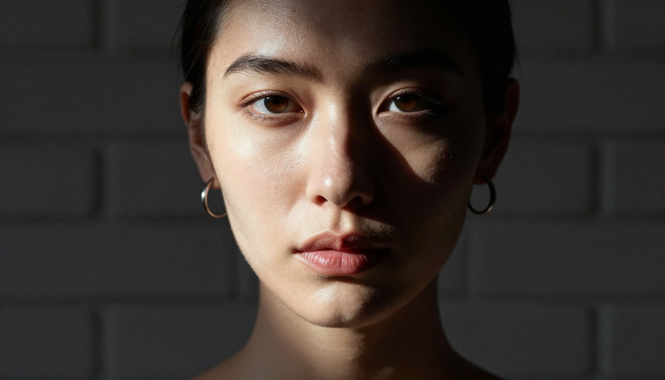 Close-up chiaroscuro portrait, single overhead shaft of light, intense direct gaze, bare shoulders