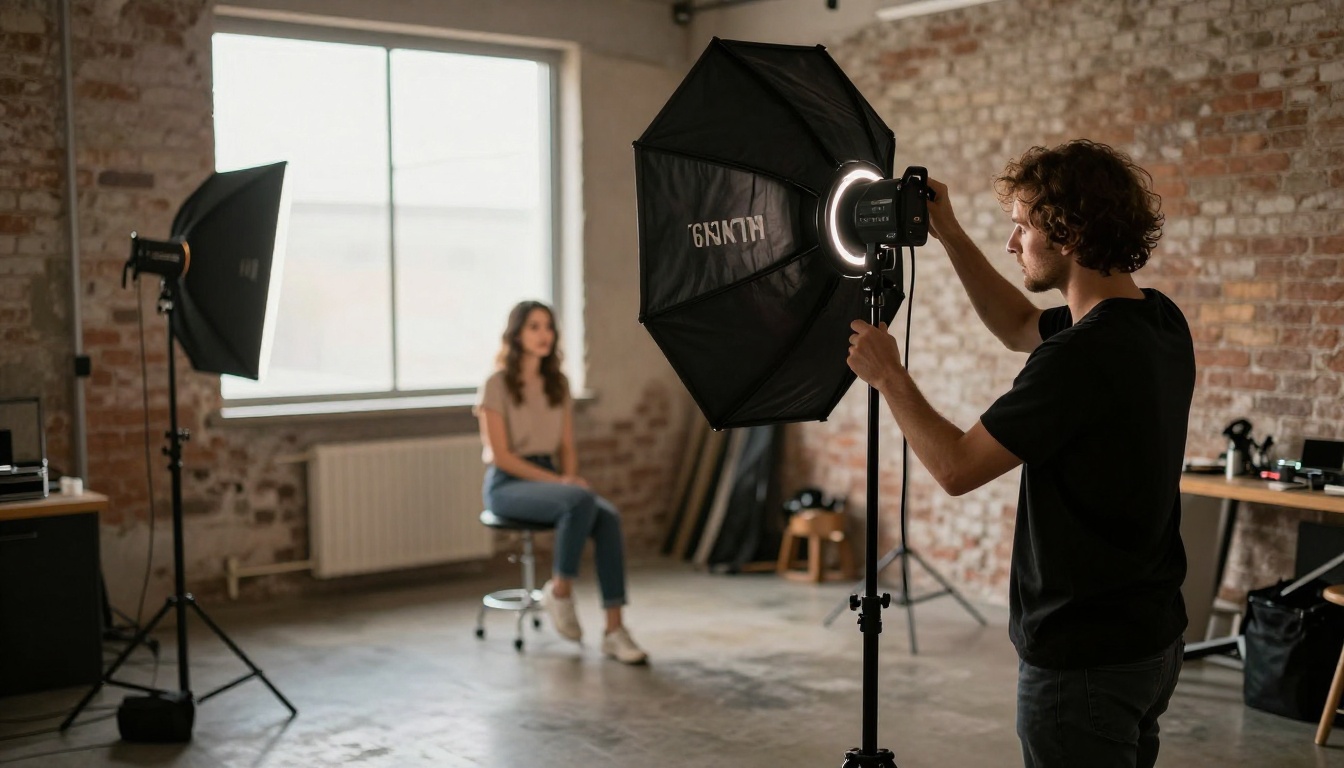 Professional photographer adjusting beauty dish in portrait studio Professional photographer adjusting beauty dish in portrait studio