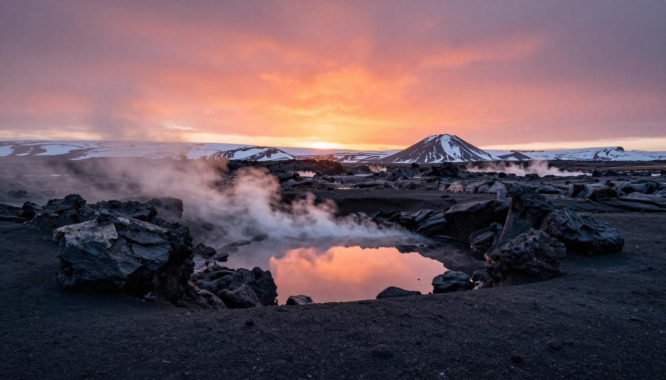 Dramatic Icelandic volcanic landscape at sunrise with steam vents Dramatic Icelandic volcanic landscape at sunrise with steam vents