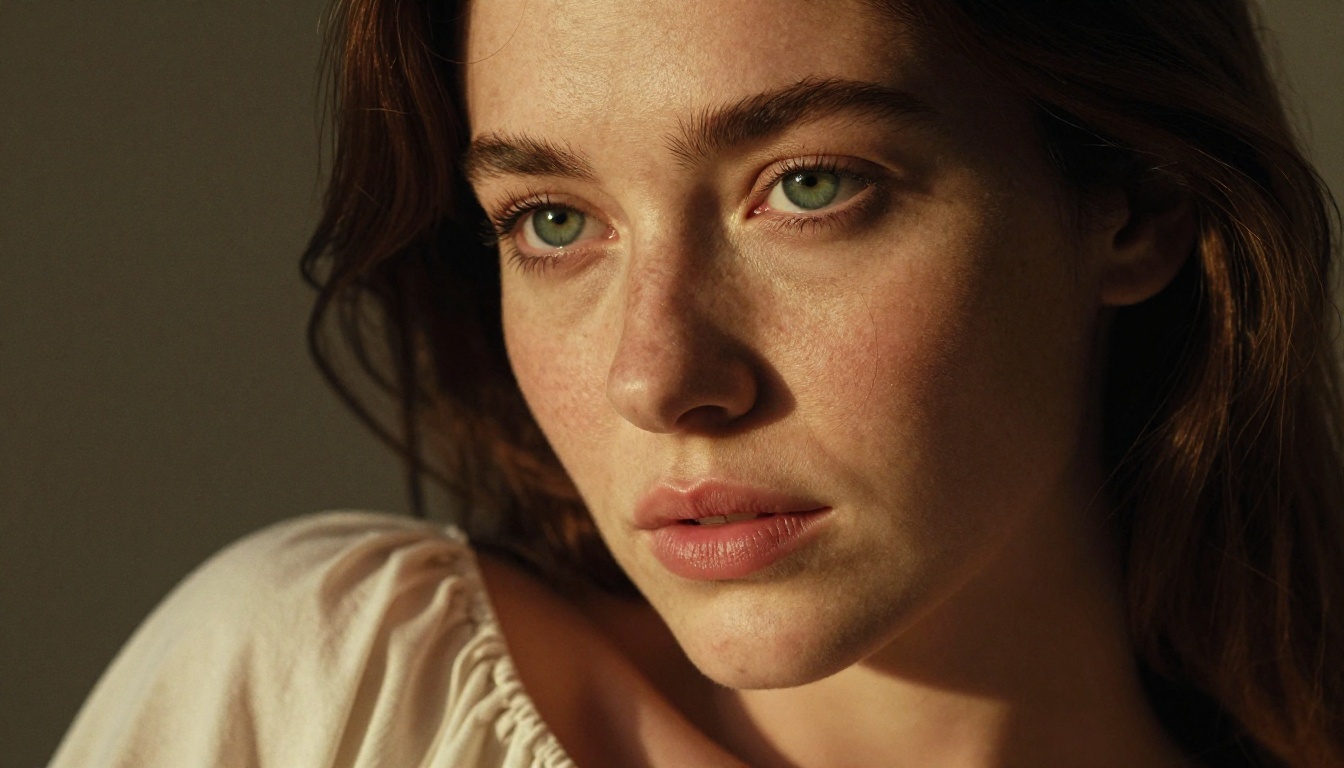 Close-up portrait woman auburn hair emerald eyes window light