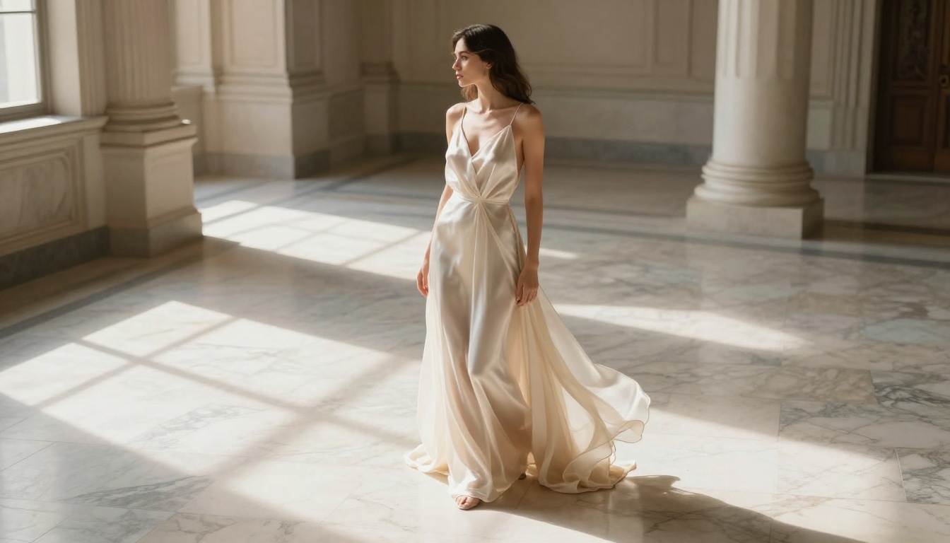 Elegant woman ivory silk gown marble foyer baroque columns