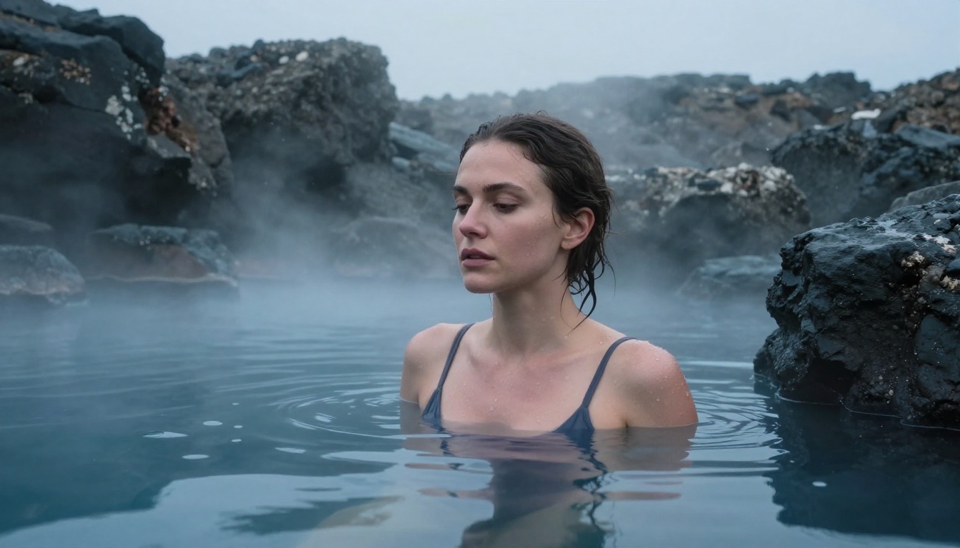 Brunette woman in natural hot spring Iceland volcanic rocks steam