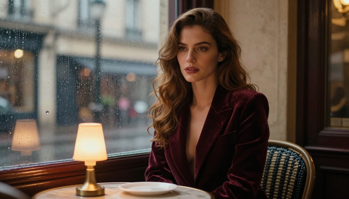 Woman with wavy chestnut hair at Paris café window rainy afternoon