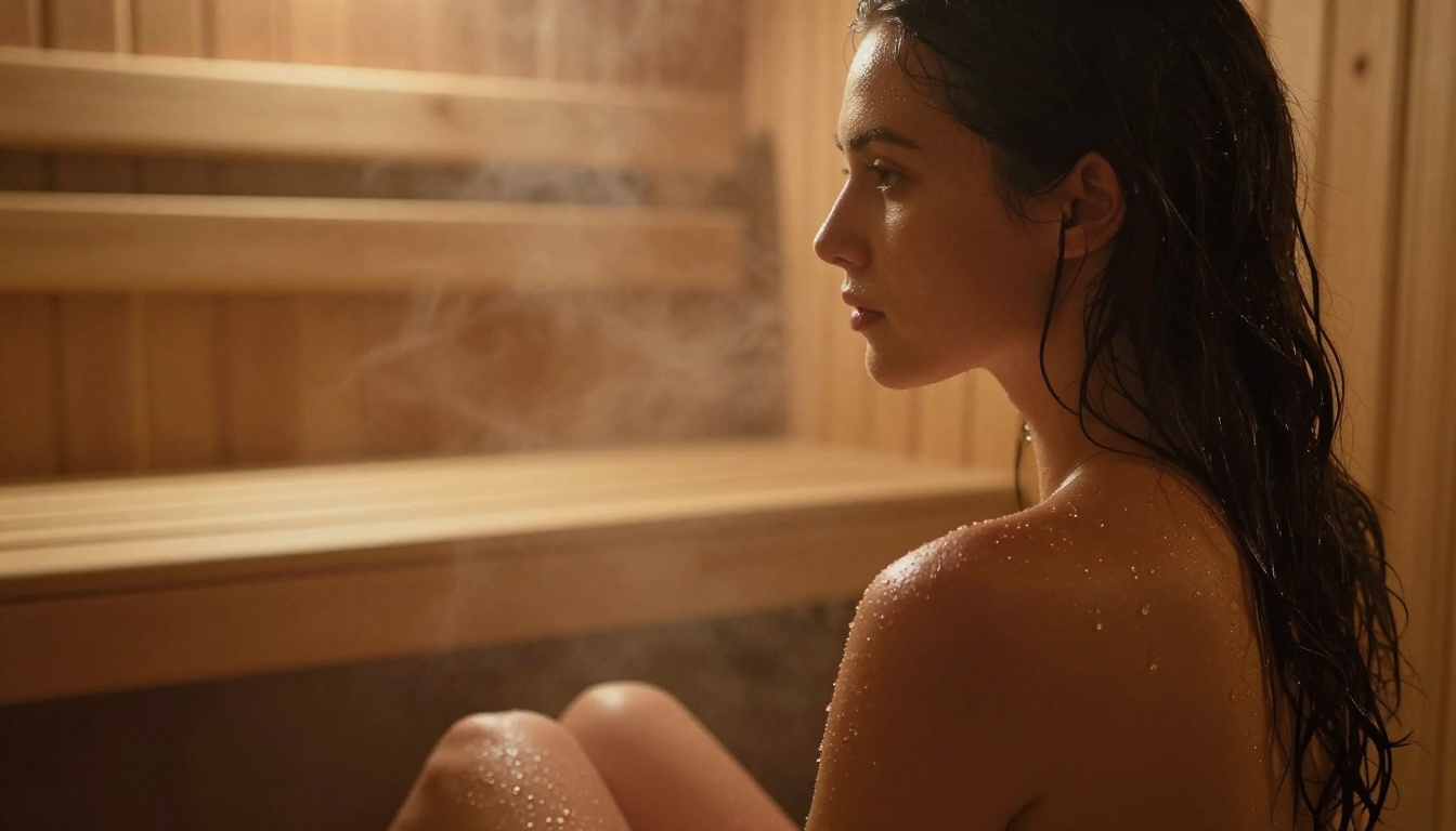 Woman profile in steam sauna cedar wood amber candlelight