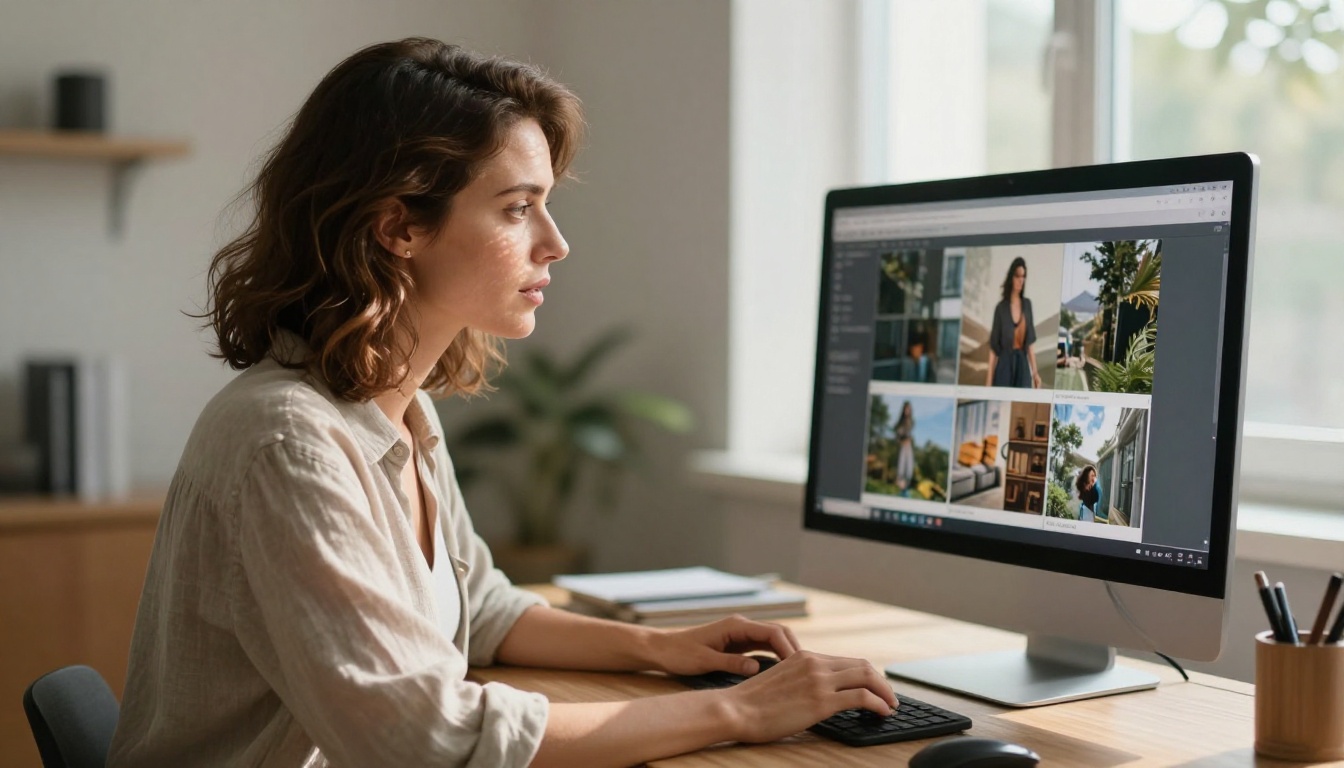Woman reviewing AI-generated images at her studio desk with soft morning light