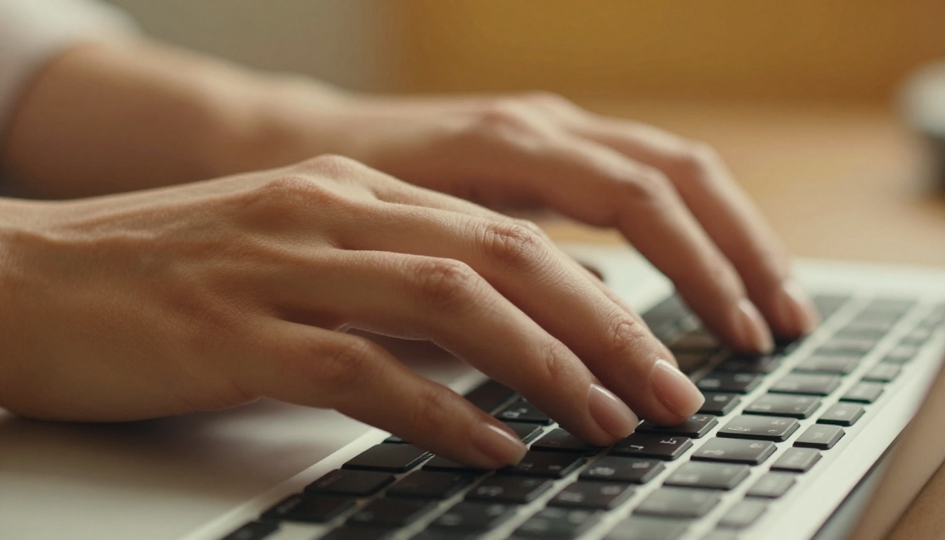 Close-up of hands typing an AI image generator prompt into a keyboard with natural morning light from the left