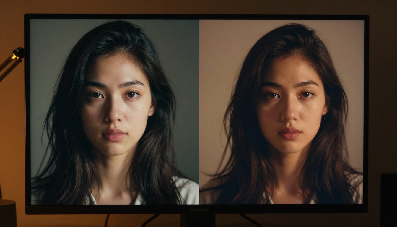 AI image quality comparison on a large format monitor showing a crisp versus blurry result side by side