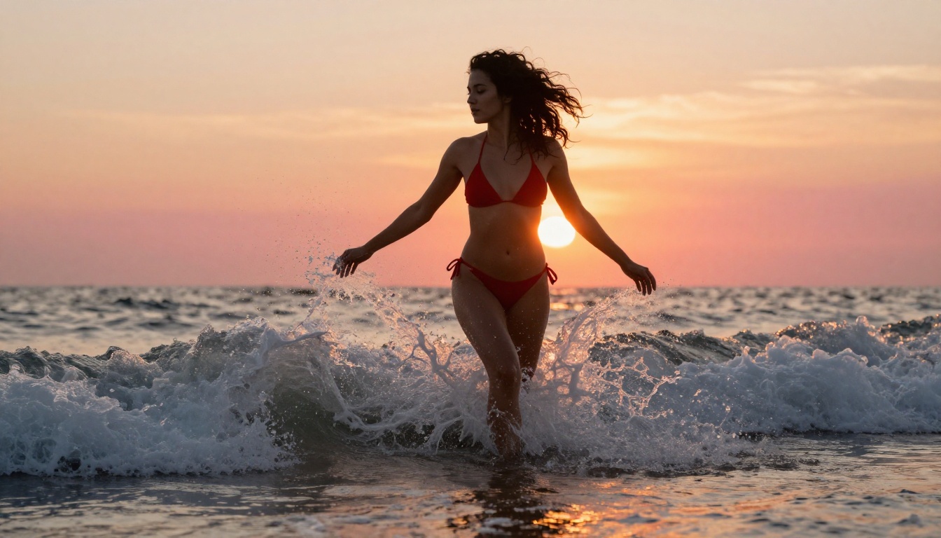 Woman with dark curly hair emerging from ocean wave sunrise red bikini