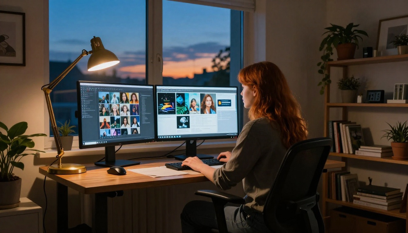 Woman working late at dual monitors in a home office at dusk with an AI image grid displayed on screen