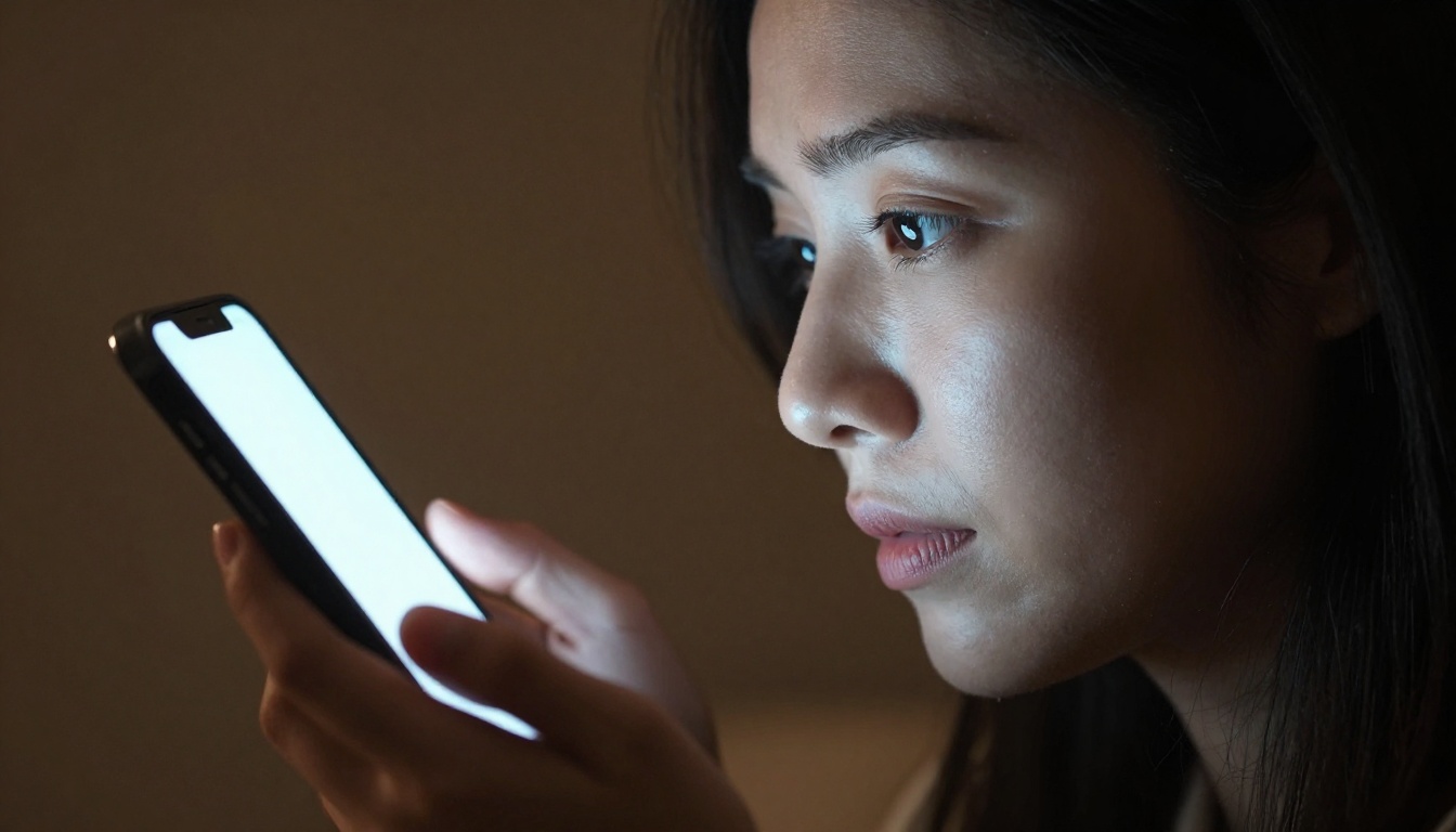 Low angle dramatic view of a woman's face illuminated by phone screen glow against dim indoor evening background