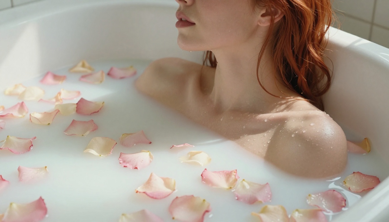 Woman in rose petal milk bath copper red hair bare shoulders
