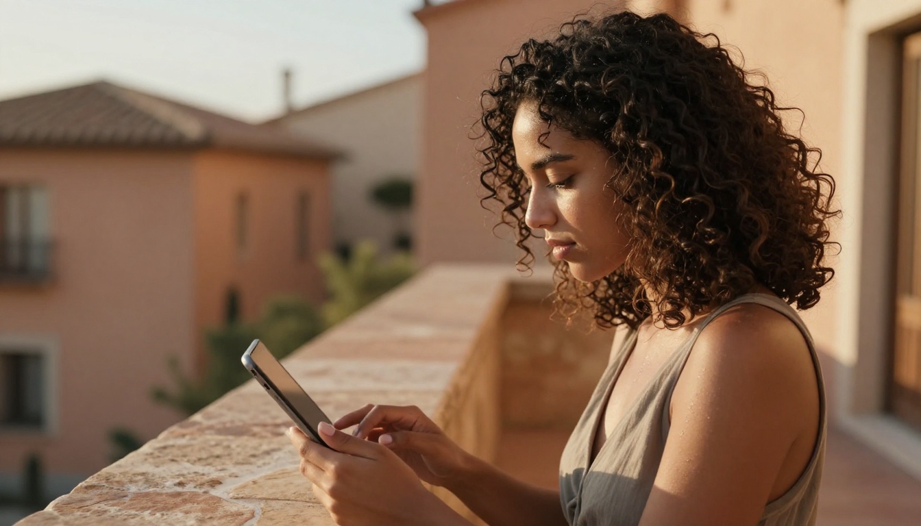 Side profile of a young woman with curly dark hair using a tablet on a warm stone balcony at a Mediterranean villa