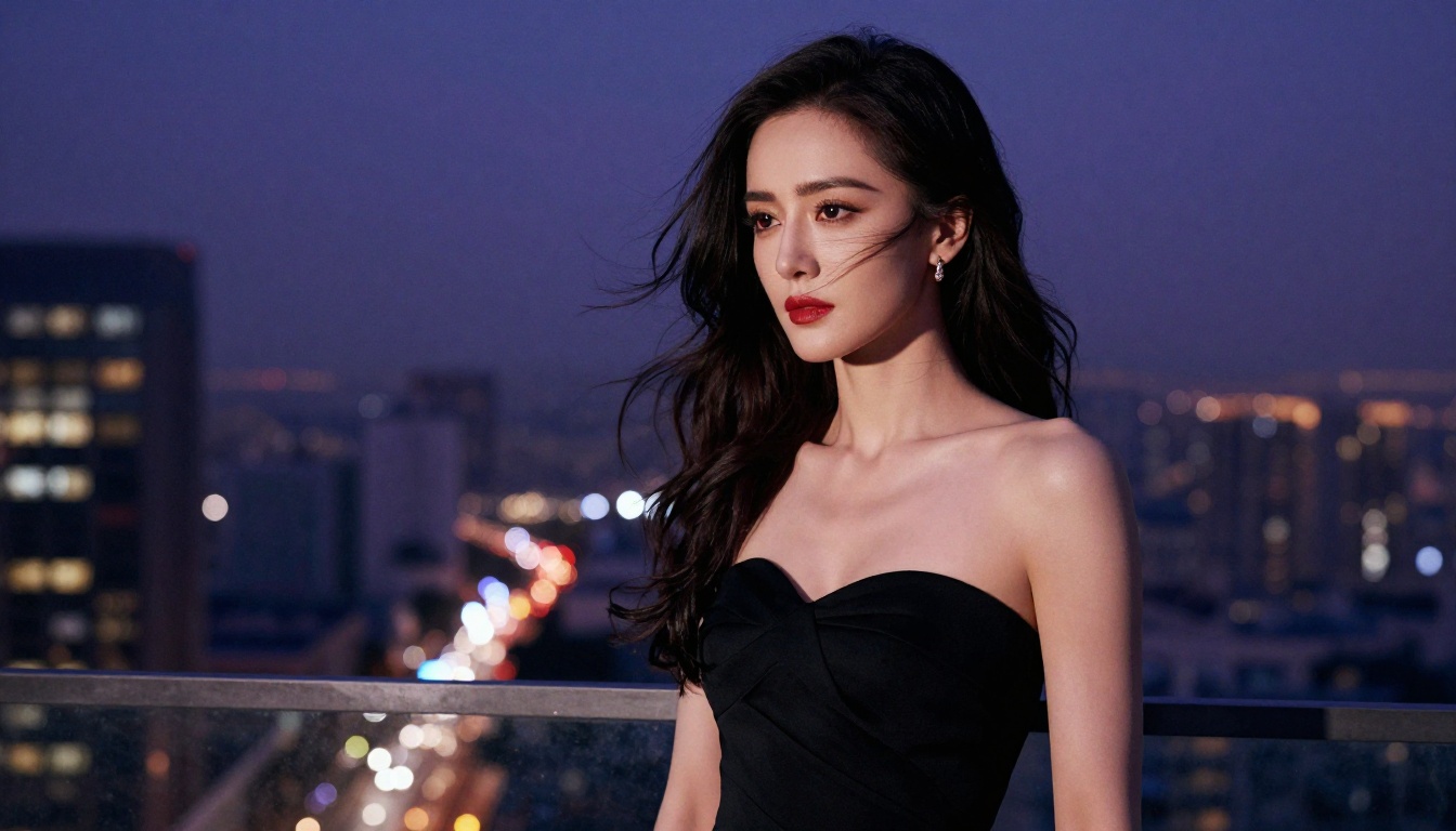 Woman on rooftop at night city skyline bokeh lights strapless dress