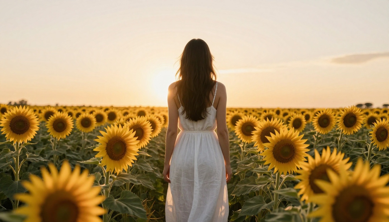 Woman in sunflower field golden hour white sundress backlit silhouette