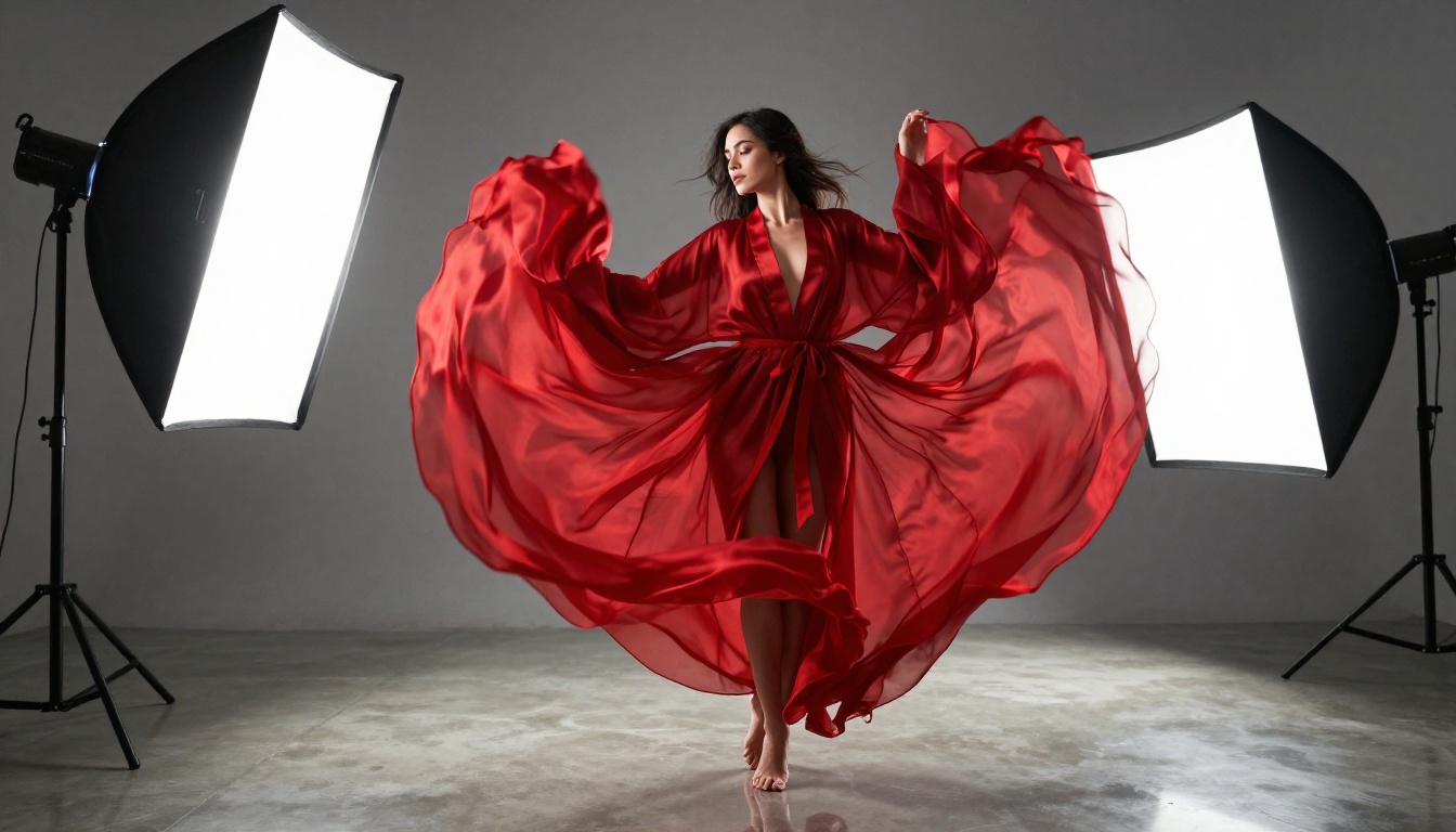 Woman in red silk robe mid-spin studio dramatic softbox light