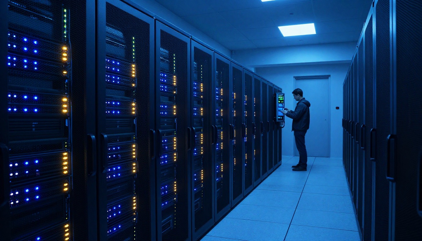 Server rack room with rows of LED status lights and a lone technician examining a panel at the far end, cool blue ambient lighting