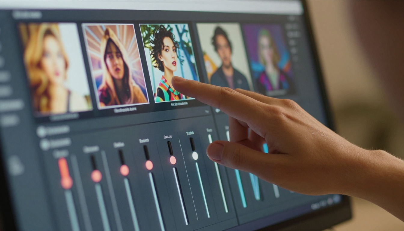 Close-up of a monitor showing AI image thumbnails and control sliders with a hand reaching toward the screen in warm afternoon light