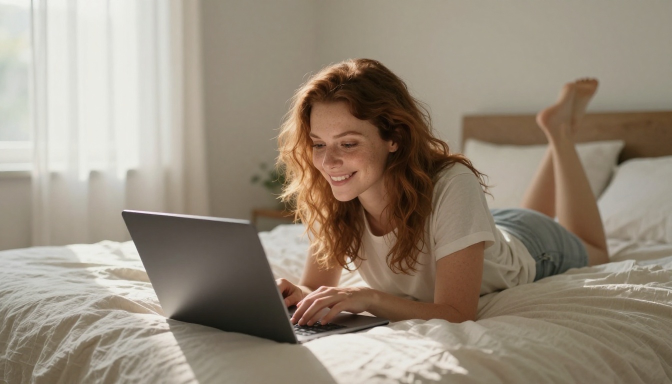 Woman with tousled auburn hair lying on her stomach on a linen duvet, propped on elbows, looking at laptop with a relaxed smile in soft morning light