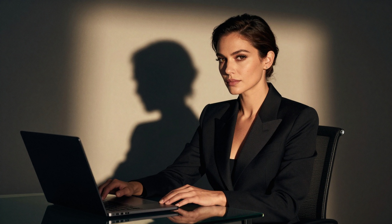 Dramatic side-lit portrait of a professional woman at a glass desk with a laptop, bold single-source tungsten warm light from the right