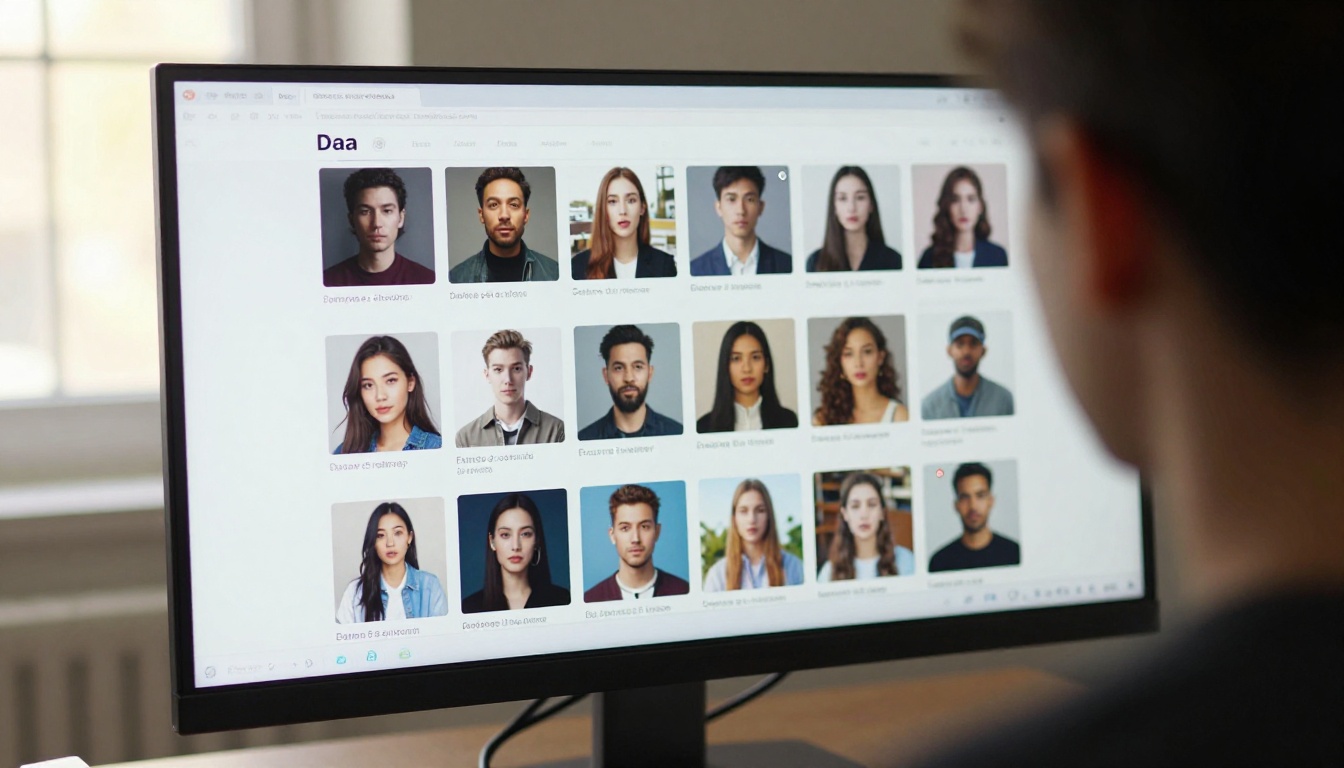 Over-the-shoulder view of someone browsing a grid of AI-generated images on a large curved monitor, cool monitor light and warm window light mixing