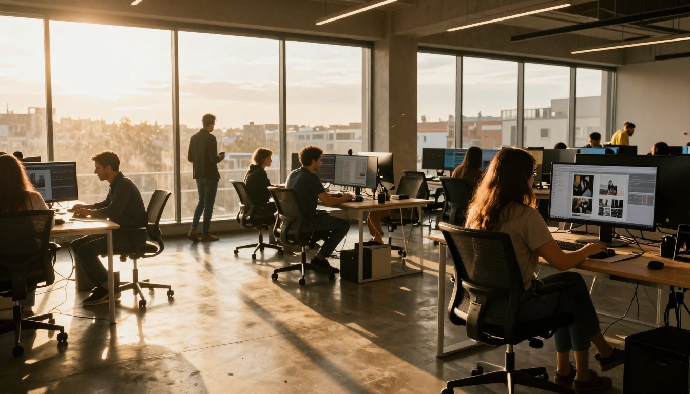 Wide shot of a contemporary co-working space at golden hour with long dramatic shadows on polished concrete, a woman focused on her monitor in the foreground