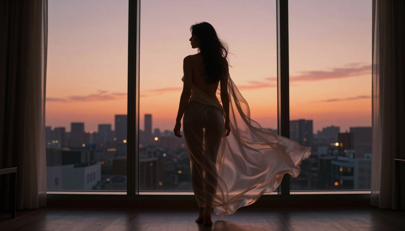 An artistic silhouette of a woman standing against a sunset penthouse window, showing tasteful implied content that mainstream AI tools often refuse An artistic silhouette of a woman standing against a sunset penthouse window, showing tasteful implied content that mainstream AI tools often refuse