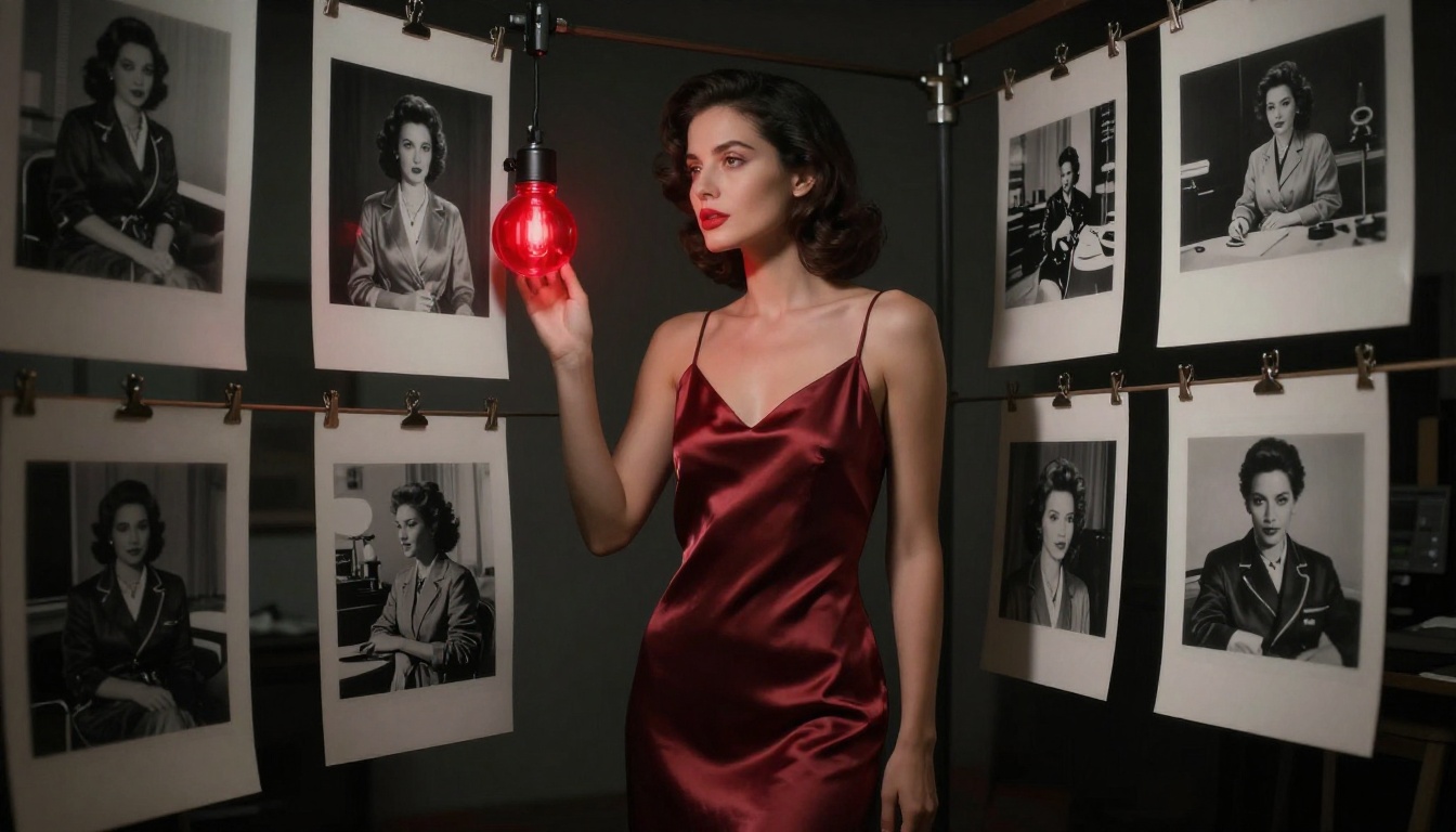 Sophisticated woman in a silk slip dress in a classic photography darkroom surrounded by hanging monochrome prints Sophisticated woman in a silk slip dress in a classic photography darkroom surrounded by hanging monochrome prints