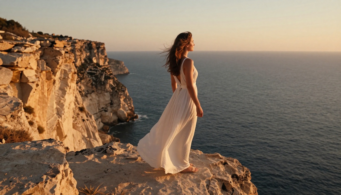 Woman in a flowing white maxi dress on a limestone cliffside overlooking the Aegean Woman in a flowing white maxi dress on a limestone cliffside overlooking the Aegean