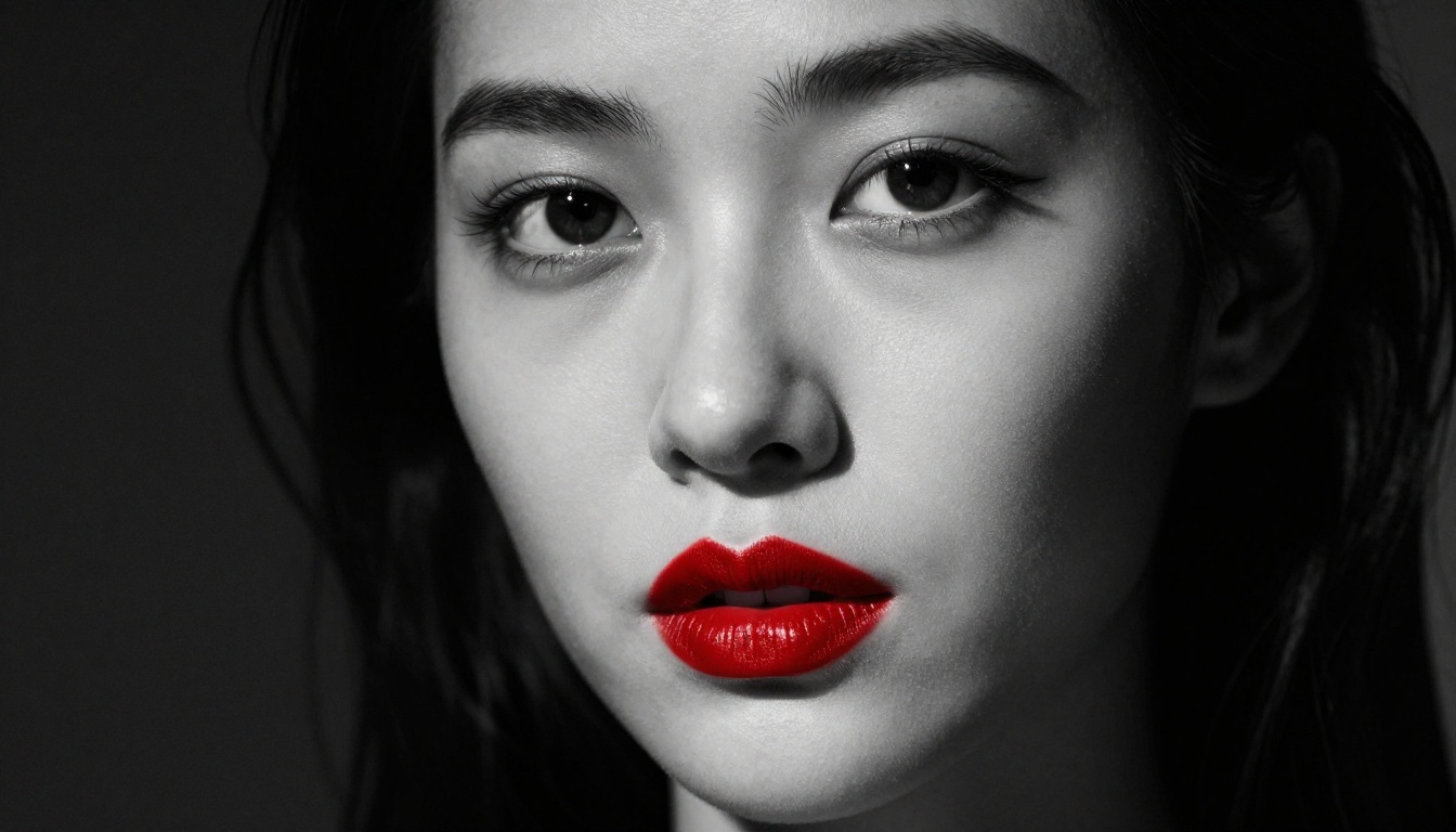 Close-up editorial portrait with dramatic chiaroscuro lighting and bold red lips Close-up editorial portrait with dramatic chiaroscuro lighting and bold red lips