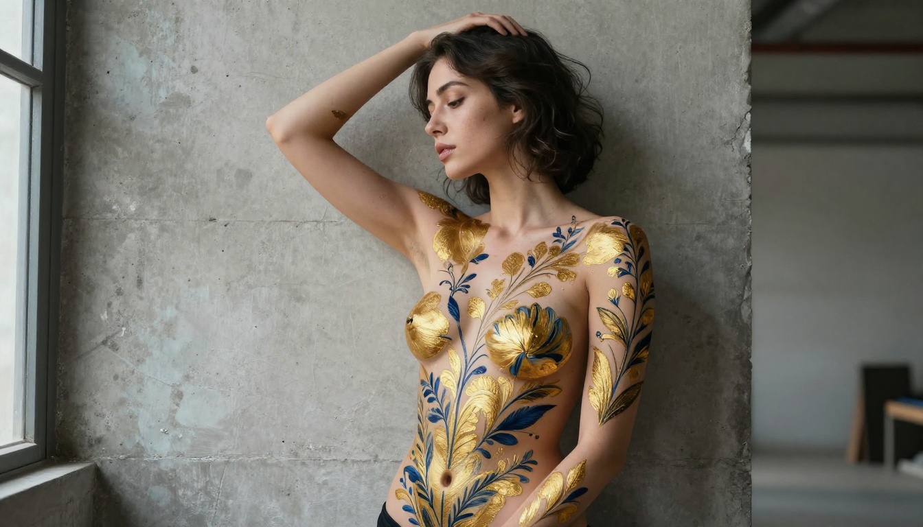 Woman with intricate botanical body paint posing in an industrial studio Woman with intricate botanical body paint posing in an industrial studio