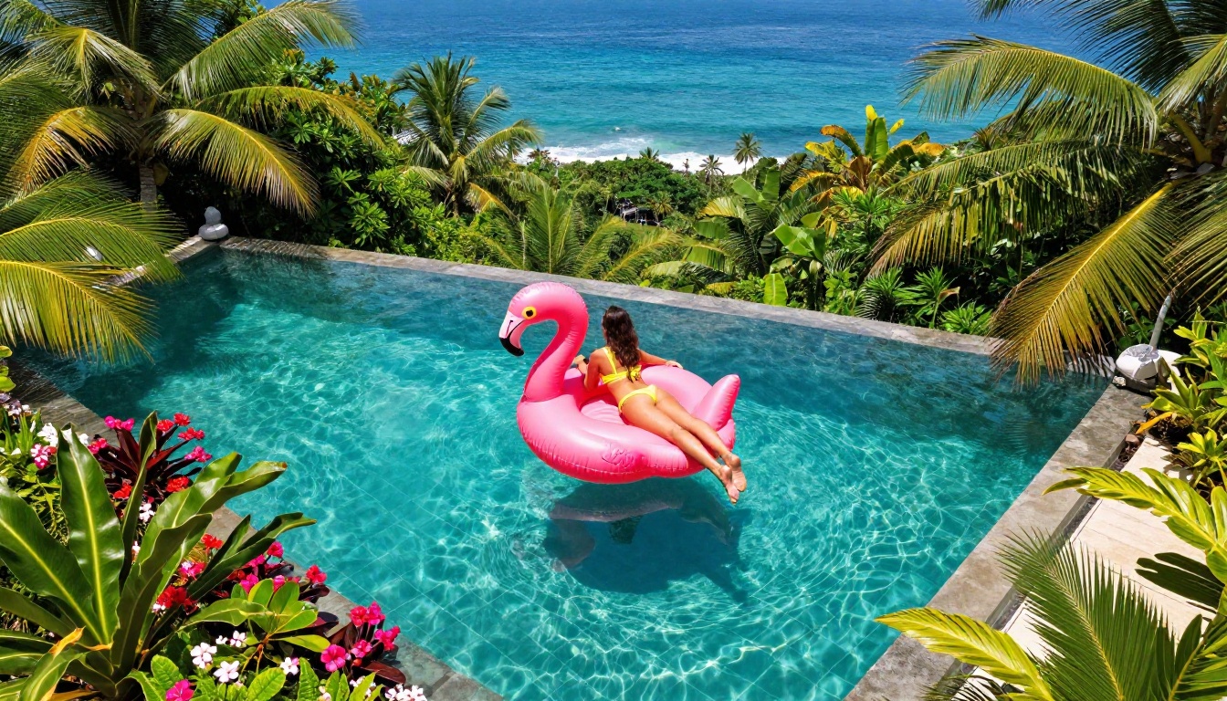 Aerial view of a woman in a yellow bikini floating in a tropical infinity pool Aerial view of a woman in a yellow bikini floating in a tropical infinity pool