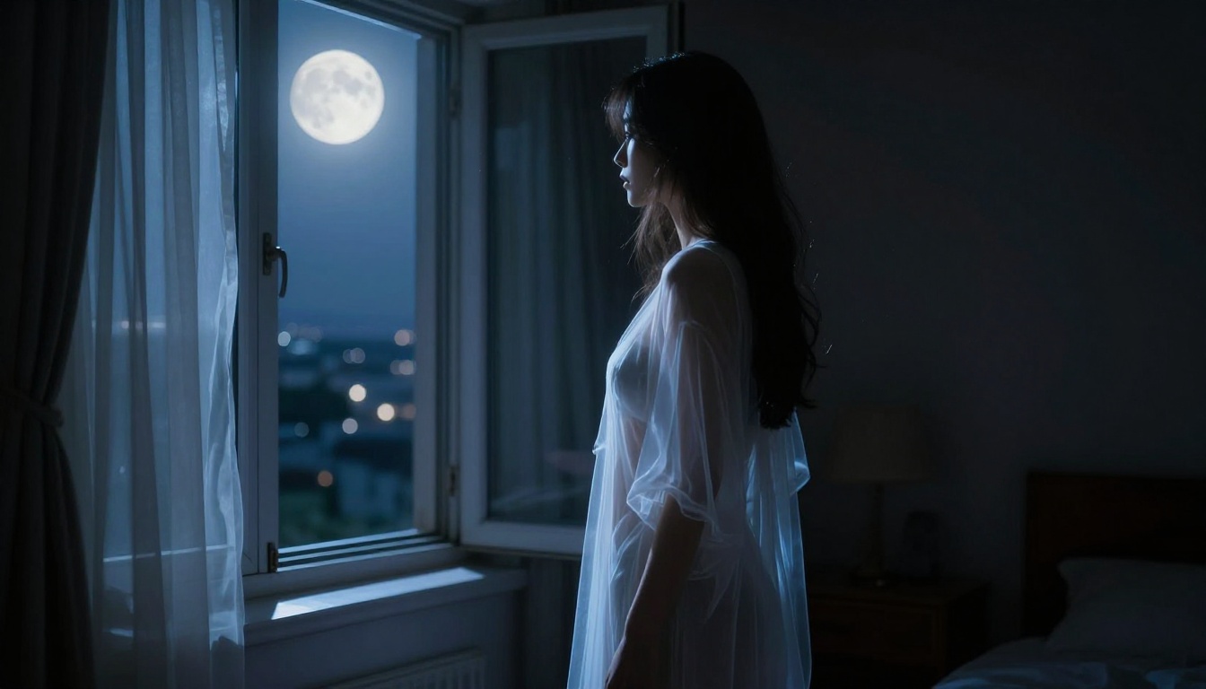 Woman in a sheer nightgown standing at a moonlit window Woman in a sheer nightgown standing at a moonlit window