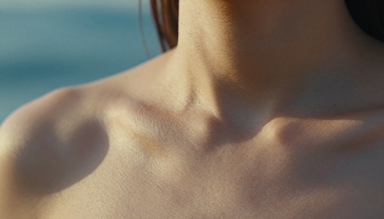 Extreme close-up of a woman's shoulder and collarbone in golden hour light, showing the microscopic skin texture detail AI models can achieve
