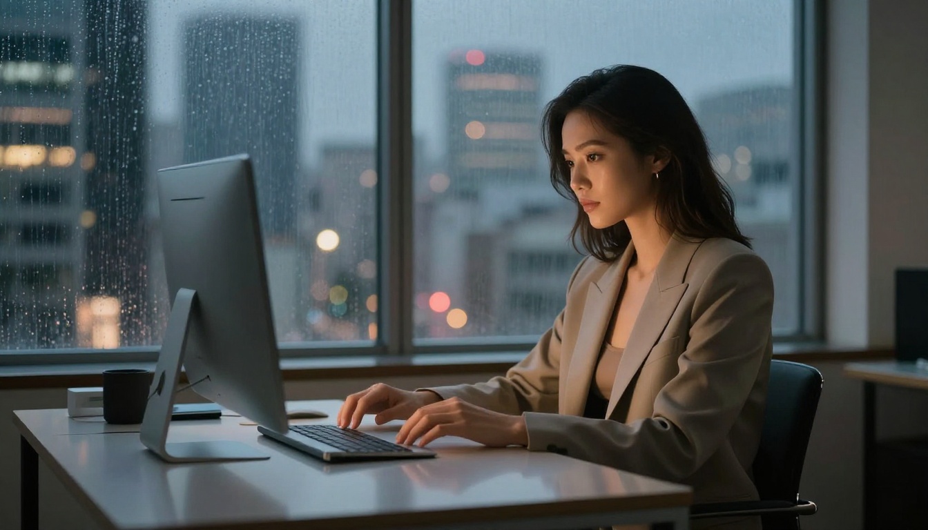 Woman in a tailored blazer at a sleek Tokyo studio desk with city lights glowing through rain-streaked windows Woman in a tailored blazer at a sleek Tokyo studio desk with city lights glowing through rain-streaked windows