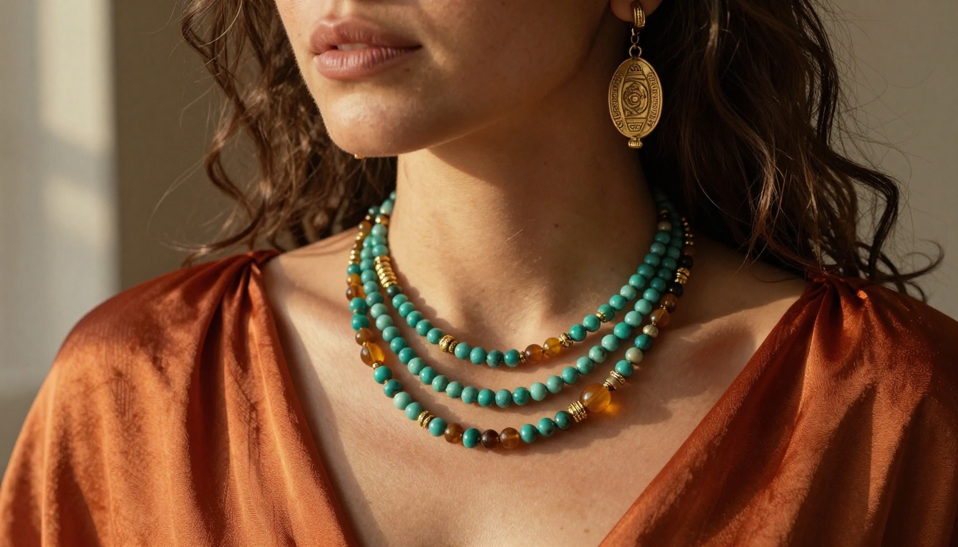 Free-spirited woman adorned with bohemian jewelry and terracotta silk Free-spirited woman adorned with bohemian jewelry and terracotta silk