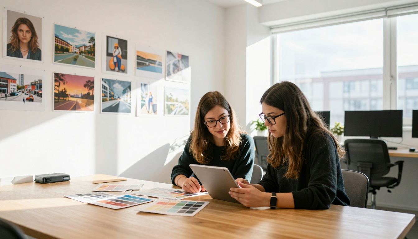 Creative professionals collaborating over a digital tablet in a bright co-working space with AI artworks on the walls
