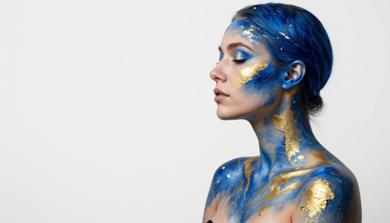 An abstract body paint composition in deep blue and gold on a woman in side profile, demonstrating the creative possibilities of NSFW AI art