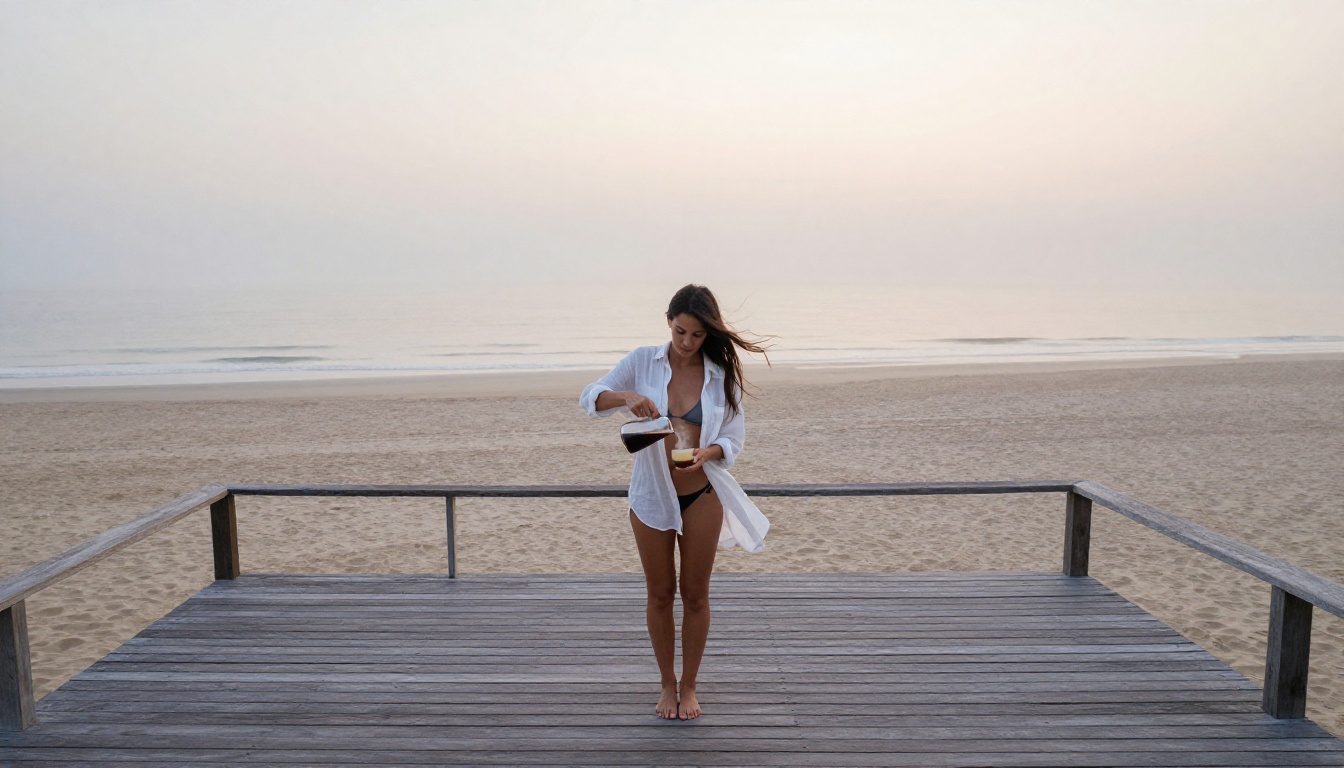 Woman in a white linen shirt and bikini bottoms pouring coffee on a beachfront wooden deck at dawn Woman in a white linen shirt and bikini bottoms pouring coffee on a beachfront wooden deck at dawn