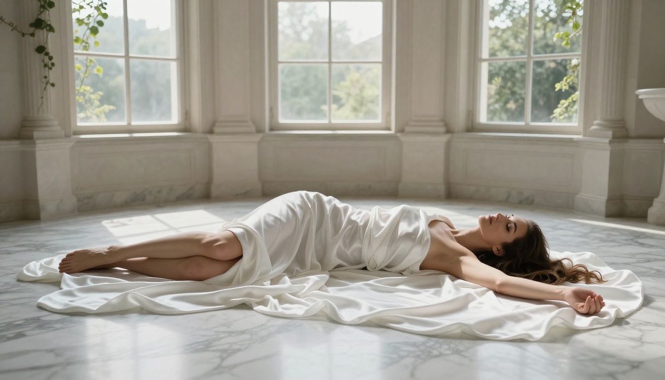 A woman wrapped in flowing white silk lies gracefully on a marble floor in classical soft light, illustrating artistic boudoir AI generation